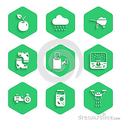 Set Watering can, Jam jar, Smart farm with drone, Automatic irrigation sprinklers, Tractor, Waterproof rubber boot Vector Illustration