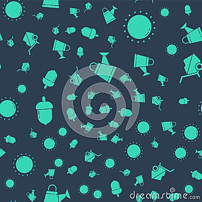 Set Watering can, Sun, Acorn and Wheelbarrow with dirt on seamless pattern. Vector. Vector Illustration