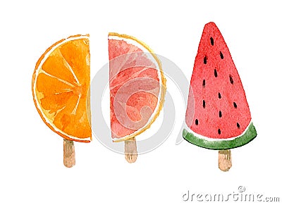 Set of watermelon and citrus ice-creams. Hand drawn watercolor illustration isolated on white background Cartoon Illustration