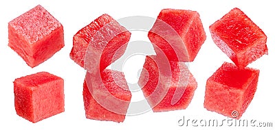 Set of watermelon cubes isolated on white background. File contains clipping paths Stock Photo