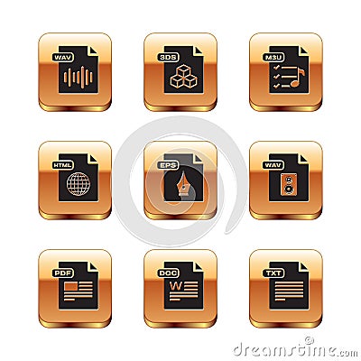 Set WAV file document, PDF, DOC, EPS, HTML, M3U, TXT and 3DS icon. Vector Stock Photo