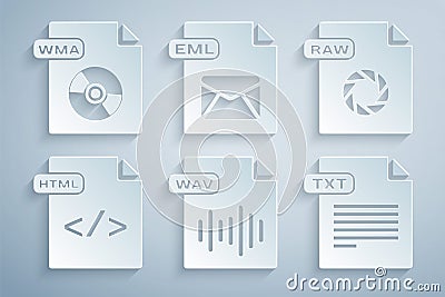 Set WAV file document, RAW, HTML, TXT, EML and WMA icon. Vector Vector Illustration