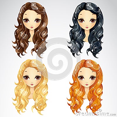 Set Of Wave Long Hair Styling Vector Illustration