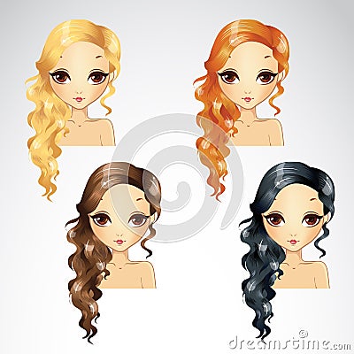 Set Of Wave Long Hair Styling Vector Illustration