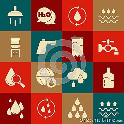 Set Waves of water and evaporation, Big bottle with clean, Water tap, Recycle aqua, cooler, Shower and filter cartridge Vector Illustration