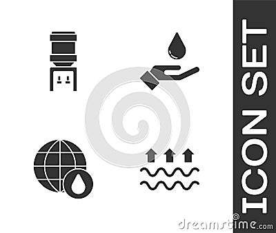 Set Waves of water and evaporation, Water cooler, Earth planet in drop and Washing hands with soap icon. Vector Vector Illustration