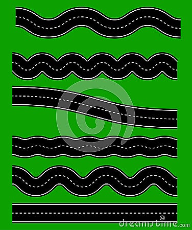Set of wavy road elements with dashed lines Straight version is Vector Illustration
