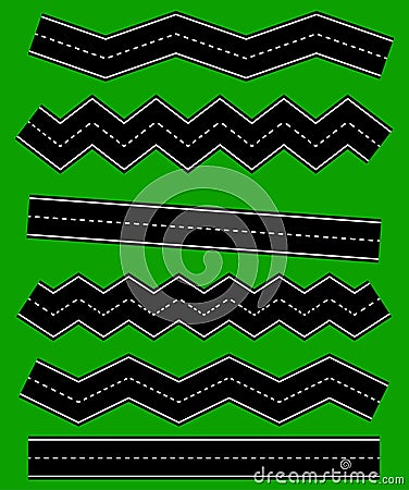 Set of wavy road elements with dashed lines Straight version is Vector Illustration