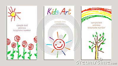 Set of wax crayon kid`s drawn colorful cards with hand drawing flowers, rainbow, sun, tree, letters on white. Vector Illustration