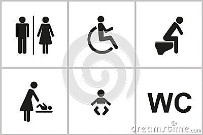 Set of WC icons gender male female baby change handicapped toilet Vector Illustration