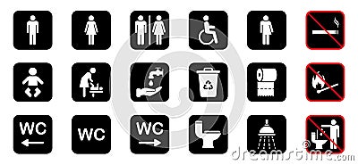 Set of WC Sign. Toilet Room Silhouette Icon. Restroom, Bathroom Pictogram. Mother and Baby Room. Public Washroom for Vector Illustration