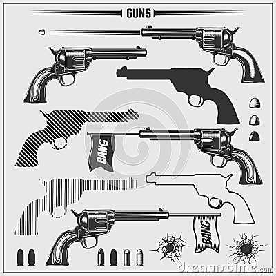 Set of weapons. Revolvers and bullets. Vector Illustration