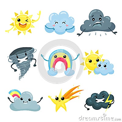 Set of weather forecast icons with funny faces. Cartoon sun, cute rainbow, falling star, angry tornado, sad, happy and Vector Illustration