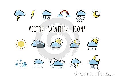 Set of weather icons. Colored illustrations by hand in the style of doodle. Weather symbols Cartoon Illustration