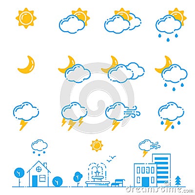 Set of weather icons vector illustration season outline design thunder temperature sign Vector Illustration