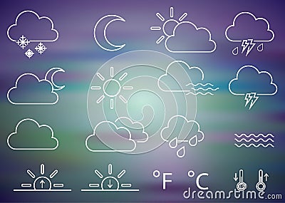 Set of weather vector line icons. Contains symbols of the sun, clouds, snowflakes, wind, rainbow, moon and much more. Editable mov Stock Photo