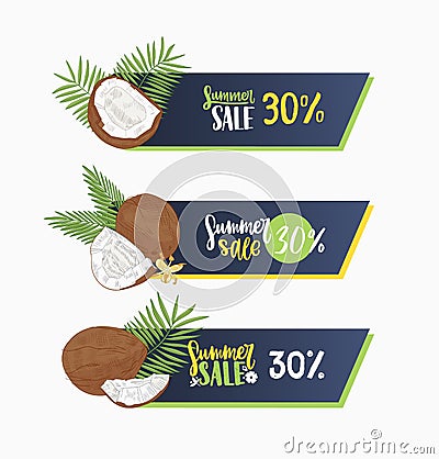 Set of web banners decorated by exotic coconut, palm branches and blooming flowers isolated on white background. Hand Vector Illustration