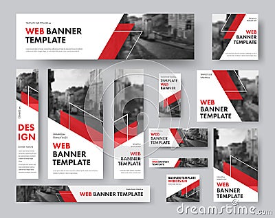 Set of web banners of different sizes with diagonal red elements Vector Illustration