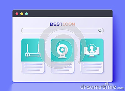 Set Web camera, Router and wi-fi signal and Create account screen icon. Vector Vector Illustration