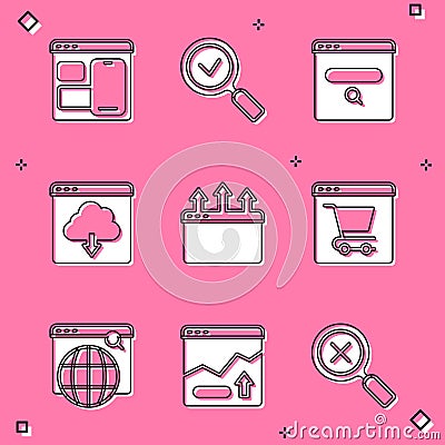 Set Web developer programming code, Magnifying glass with check mark, Search engine, Cloud download, Browser window Vector Illustration