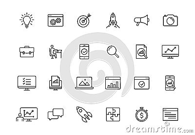 Set of 24 Web development web icons in line style. Marketing, analytics, e-commerce, digital, management, seo. Vector Vector Illustration