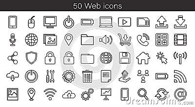 Set of 50 web icons. Trendy style thin lines. Icons for websites, browsers, programs. Data analytics, Digital marketing Vector Illustration