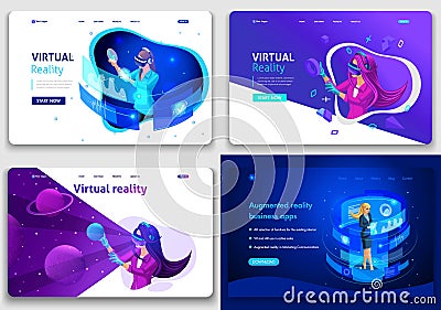 Set of web page design templates for business and games, concept of augmented and vertical reality. Vector illustration concepts Cartoon Illustration