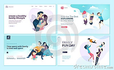 Set of web page design templates for family fun and entertainment, children`s activities, healthy and safe family environment Vector Illustration