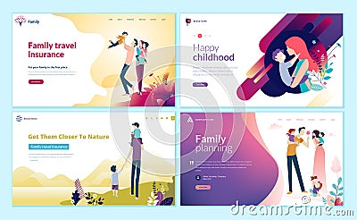 Set of web page design templates for family planning, travel insurance, nature and healthy life. Vector Illustration