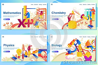 Set of web page design templates for subject in school. mathematics, chemisry, physics and biology. Vector Illustration