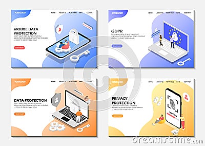 Set of web pages. Data protection, GDPR, privacy protection. Startup landing pages. Modern web pages for web sites Stock Photo