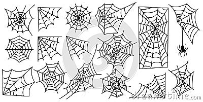 Set of web silhouettes. Spider web collection for halloween. Black and white illustration of elements for decor for the Vector Illustration