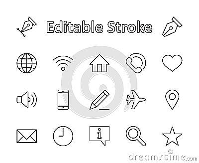 Set of Web Vector Line Icons. Contains such Icons as Globe, Wi-fi, Home, Heart, Phone, Pencil, Time Clock, Star and more Vector Illustration