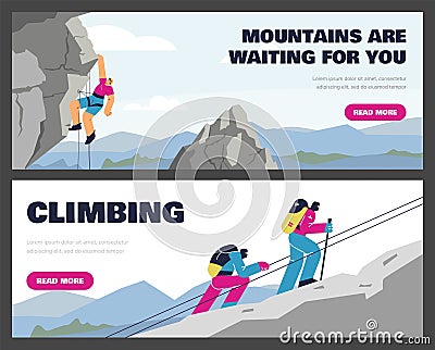 Set of website banner templates about climbing and mountaineering flat style Vector Illustration