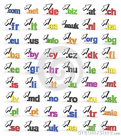 Set of Website Domain Name Address endings with arrow Stock Photo