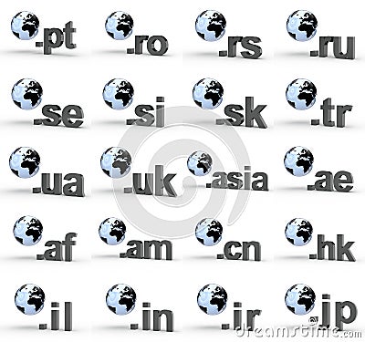 Set of Website Domain Name Address endings with globe Stock Photo