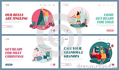 Set of Website Landing Pages of Winter Festive Season, Xmas Celebration. Christmas Holidays Celebrating. People Vector Illustration