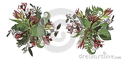 Set of wedding bouquets, Greenery and leaves, branches, brunia, blooming eucalyptus, leucadendron, gaultheria, salal, jatropha. Vector Illustration