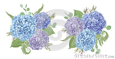 Set of wedding bouquets.Leaves, blooming branches eucalyptus, gaultheria, salal, chamaelaucium, fern.Blue, purple, flower of Vector Illustration