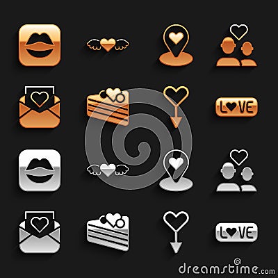 Set Wedding cake, Lover couple, text, Female gender symbol, Envelope with Valentine heart, Location, Smiling lips and Vector Illustration