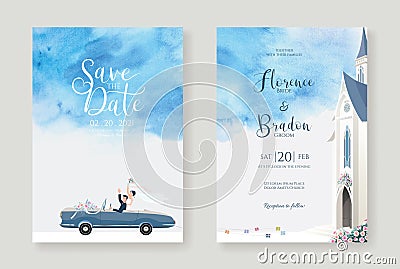 Set of wedding cards, Invitation, save the date template. Newlywed couple is driving a convertible, after Church ceremony image wi Vector Illustration