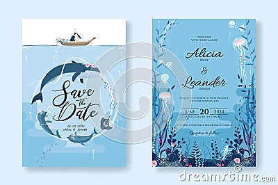 Set of wedding cards, Invitation, save the date template. Sealife, Under the sea image. Vector Vector Illustration