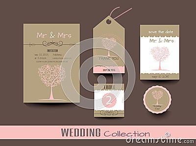 Set of wedding cards. Wedding invitations, Thank you card Vector Illustration