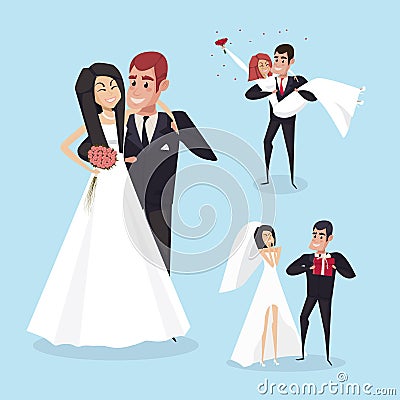 Set of wedding cartoon situations with the bride and groom. The characters design. Vector Cartoon Illustration