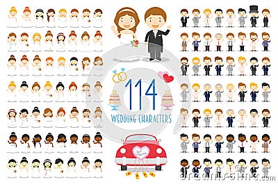 Set of 114 wedding characters and nuptial icons in cartoon style Vector Illustration
