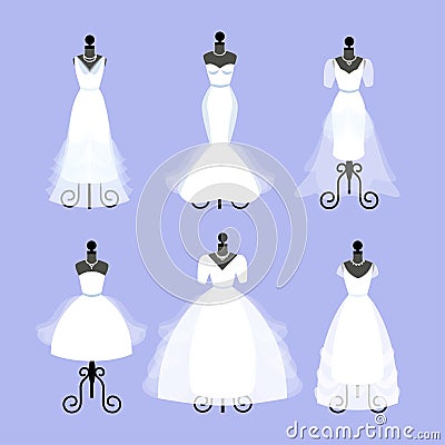 Set of Wedding Dresses. Fashion gowns on mannequins. Vector Illustration