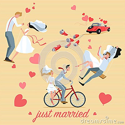 Set of wedding illustrations of a couple and wedding car in cartoon style. Vector Illustration