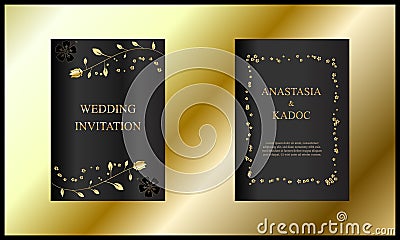 Set of Wedding invitation Card, Design With Floral Brush, Flower, Elegant Black And Gold Color, Creative Vintage Herb Element Vector Illustration