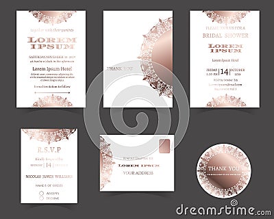 Set of Wedding Invitation Card. Laser Cut Collection. Rose Gold Style. Vector Illustration