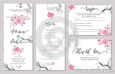 Set of wedding invitation card templates with watercolor rose flowers. Vector Illustration